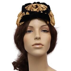 Vintage 50s Art Deco Flapper Hat Gold Black Velveteen Cocktail